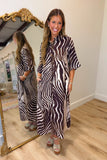 Zebra Zeal Button Midi Dress Brown