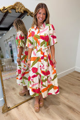 Flowers Everywhere Puff Sleeve Zip Dress