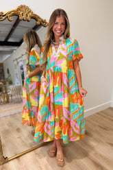 Umgee Abstract Tropical Tiered Midi Dress