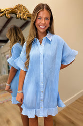 Party of Pleats Shirt Dress Blue