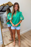 Citrus Stitch Puff Sleeve Top Green