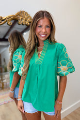 Citrus Stitch Puff Sleeve Top Green