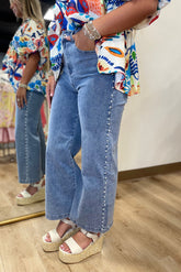 Pearl Accented Wide Leg Jean Denim