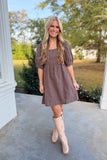 Plaid Harvest Puff Sleeve Dress Brown
