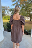 Plaid Harvest Puff Sleeve Dress Brown