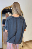 Relaxed Ribbed V Neck Hi Lo Top Charcoal