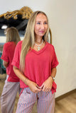 Relaxed Ribbed V Neck Hi Lo Top Ruby