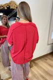 Relaxed Ribbed V Neck Hi Lo Top Ruby