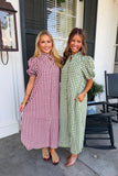 Pie Baking Puff Sleeve Plaid Dress Wine