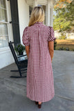 Pie Baking Puff Sleeve Plaid Dress Wine