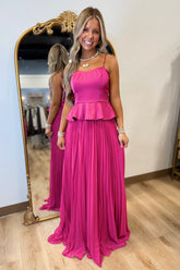 Aveline Satin Removable Straps Chiffon Maxi Dress Pink