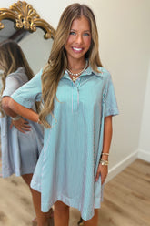 Palm Summer Striped Shirt Dress Pink Green