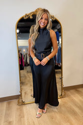 Fall Elegance High Neck Belted Dress Black