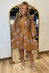 Umgee Fall Floral Corduroy Dress Camel