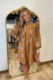Umgee Fall Floral Corduroy Dress Camel