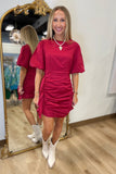 Lucky Me Ruched Dress W Puff Sleeves Crimson