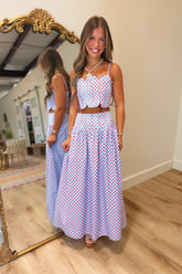 Kickoff Polka Dot Wavy Details Long Skirt Set Blue