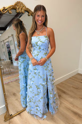 Garden Wedding Long Slit Dress Blue
