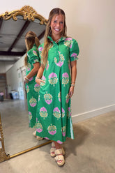 Green Gardens Puff Sleeve Midi Dress