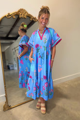 Umgee Pink Petals Midi Dress Blue