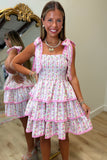 Pink Floral Smocked Tiered Dress Pink