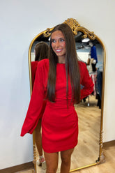 Noel Elegant Ruched Shoulder Pad Dress Red