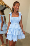 Everlasting Embroidery Tiered Dress Blue