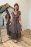 Cascading Ruffles Maxi Dress Brown
