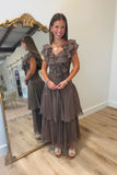 Cascading Ruffles Maxi Dress Brown