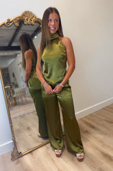 Brynn Satin Halter Set Olive