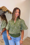 Embroidered Florals Smocked Top Olive
