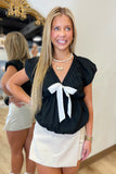Bow Bubble V Neck Blouse Black