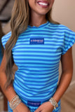 E Squared Striped Cap Sleeve Cinched Tee Blue Horizon