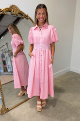 Cottage Charm Gingham Puff Sleeve Midi Dress Pink