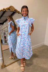 Blossom Drift Flutter Sleeve Midi Dress Blue