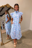 Blossom Drift Flutter Sleeve Midi Dress Blue