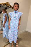Blossom Drift Flutter Sleeve Midi Dress Blue