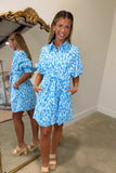 Kinley Tie Front Puff Sleeve Dress Blue Leopard