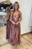 Bronzy Glow Accordion Pleat Midi Dress