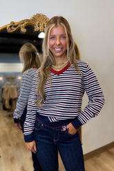 Striped Out V Neck Sweater Navy Red