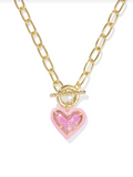 Kendra Scott Ari Heart Gold Enamel Frame Link and Chain Necklace Pink Iridescent Glitter Glass