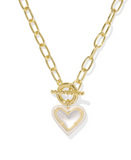 Kendra Scott Ari Heart Gold Enamel Frame Link and Chain Necklace Ivory Mother of Pearl