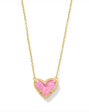 Kendra Scott Ari Heart Gold Pendant Necklace Pink Iridescent Glitter Glass