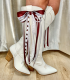 Game Day Boot Bows w/footballs maroon & white