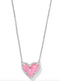 Kendra Scott Ari Heart Silver Pendant Necklace Pink Iridescent Glitter Glass
