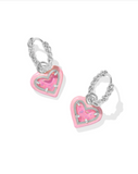 Kendra Scott Ari Heart Silver Enamel Frame Huggie Earrings Pink Iridescent Glitter Glass
