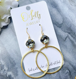 "Lainey"- Charcoal 12mm Stone W/Gold Textured Hoop Earrings