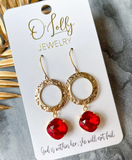 "Ruby"- Gold Textured Open Hoop W/Red 12mm Stone Earrings