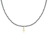 E Newton 15" Choker Gemstone 2mm Faceted Hermatite Signature Cross