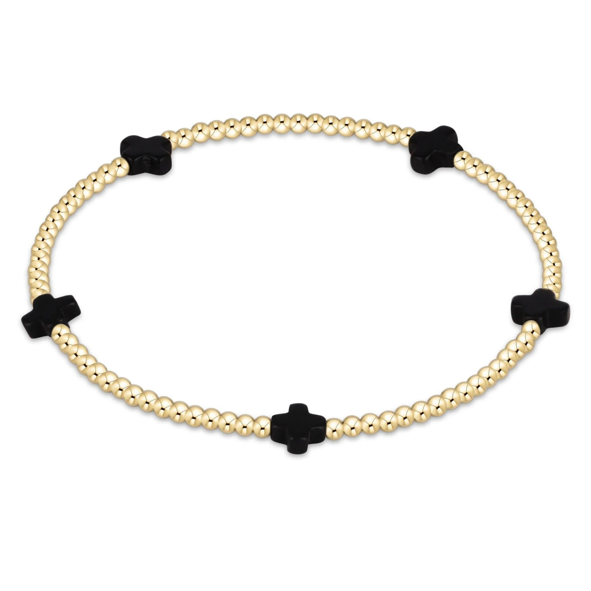 E Newton Signature Cross Small Gold Pattern 2mm Bead Bracelet Onyx